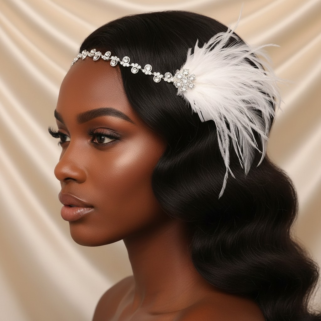 Crystal Feather Bridal Headband with Side Accent