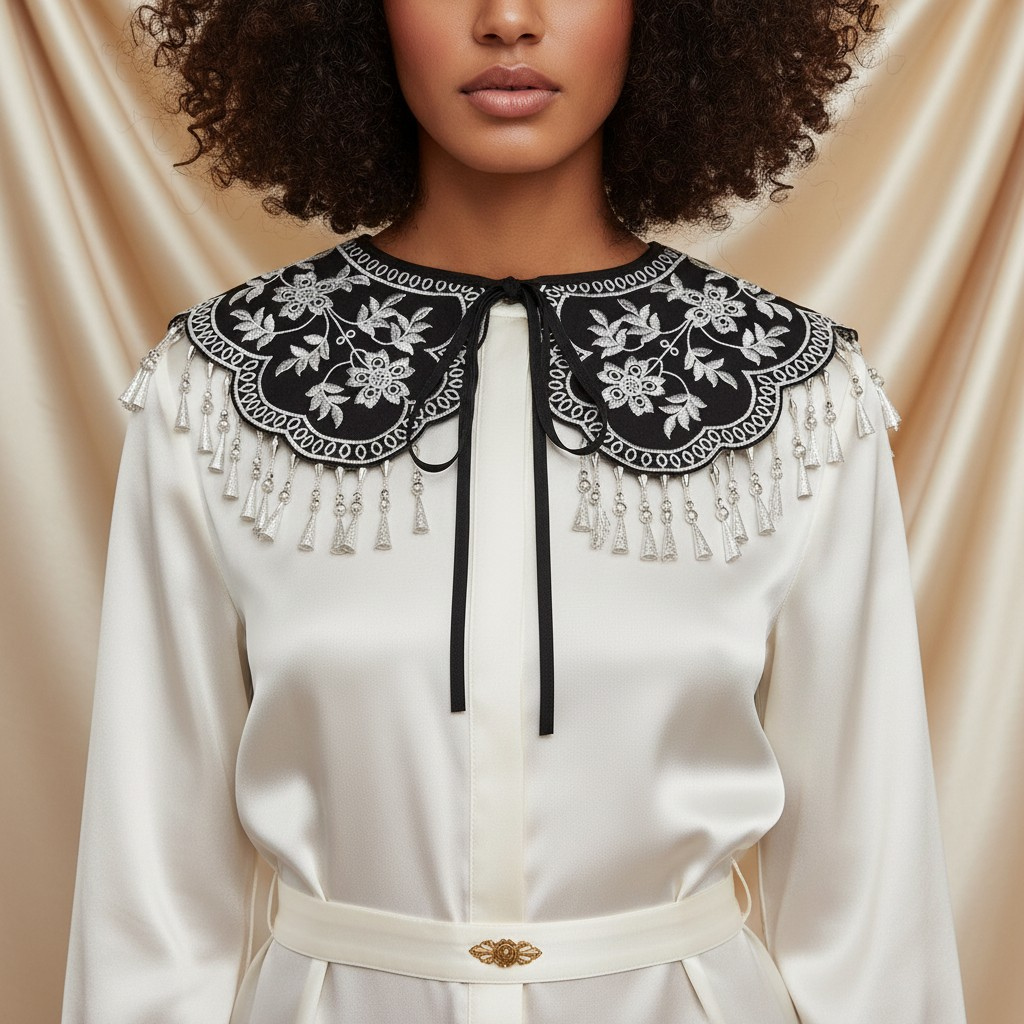 Black Embroidered Floral Detachable Tassel Collar