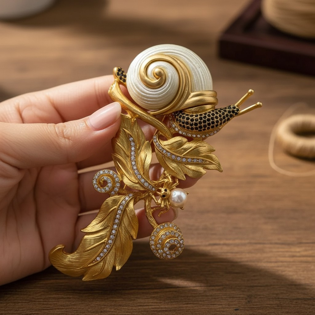 Golden Snail Pearl Brooch