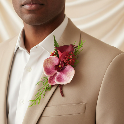 Burgundy Orchid Boutonniere & Wrist Corsage