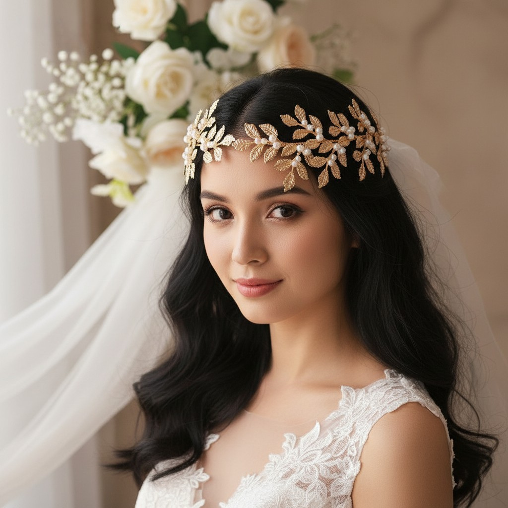 Golden Leaf Pearl Bridal Hair Vine