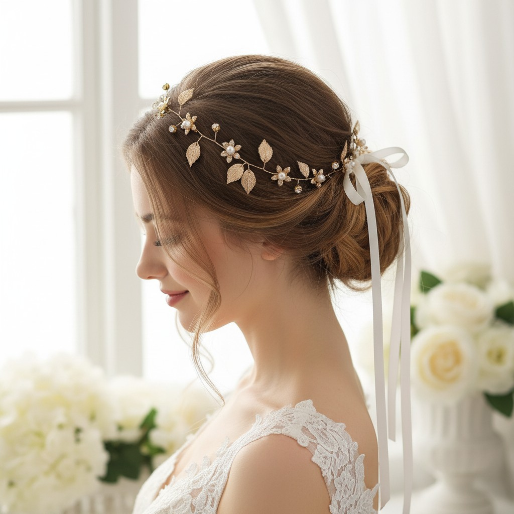 Golden Leaf Pearl Bridal Hair Vine