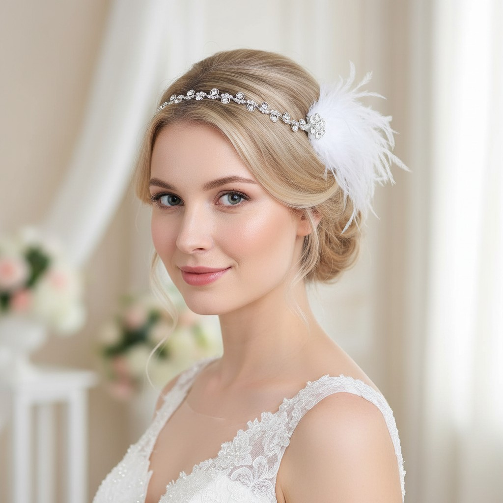 Crystal Feather Bridal Headband with Side Accent