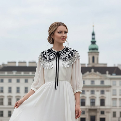 Black Embroidered Floral Detachable Tassel Collar