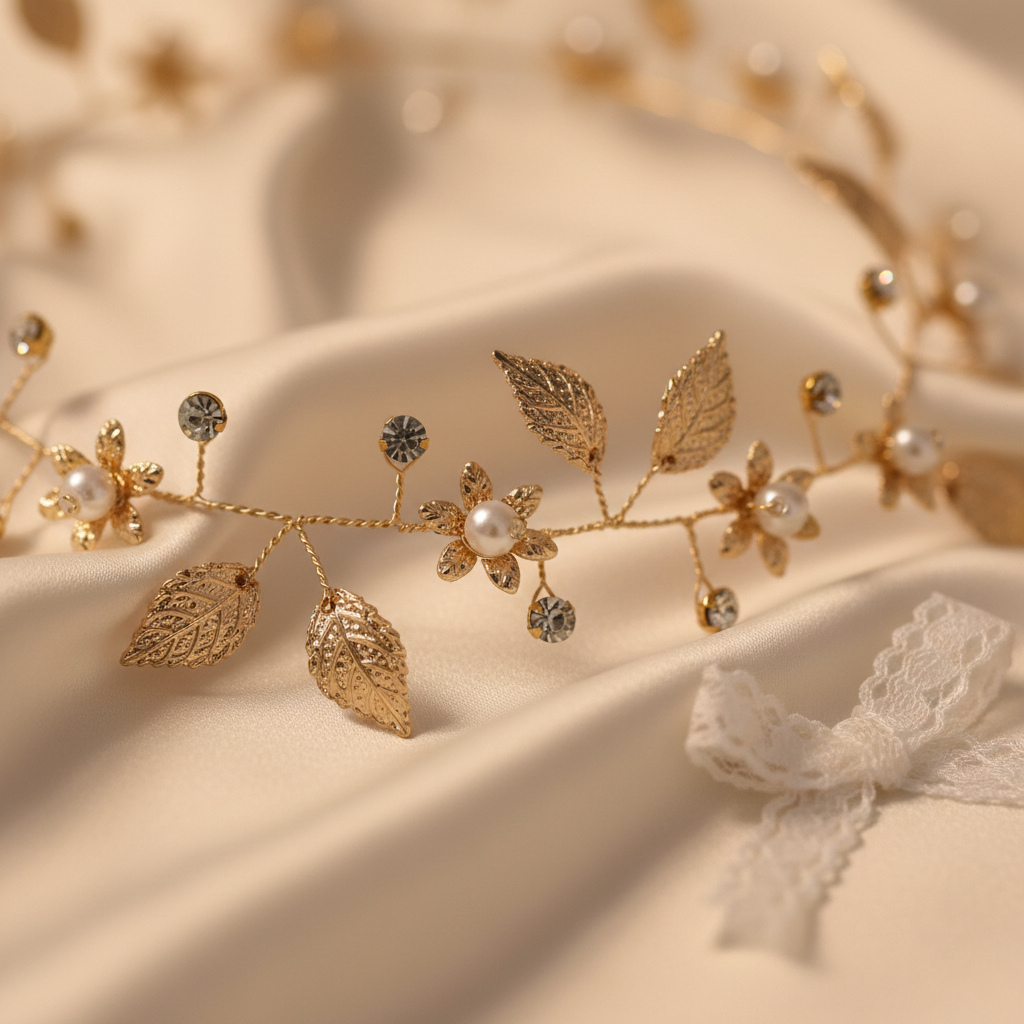 Golden Leaf Pearl Bridal Hair Vine