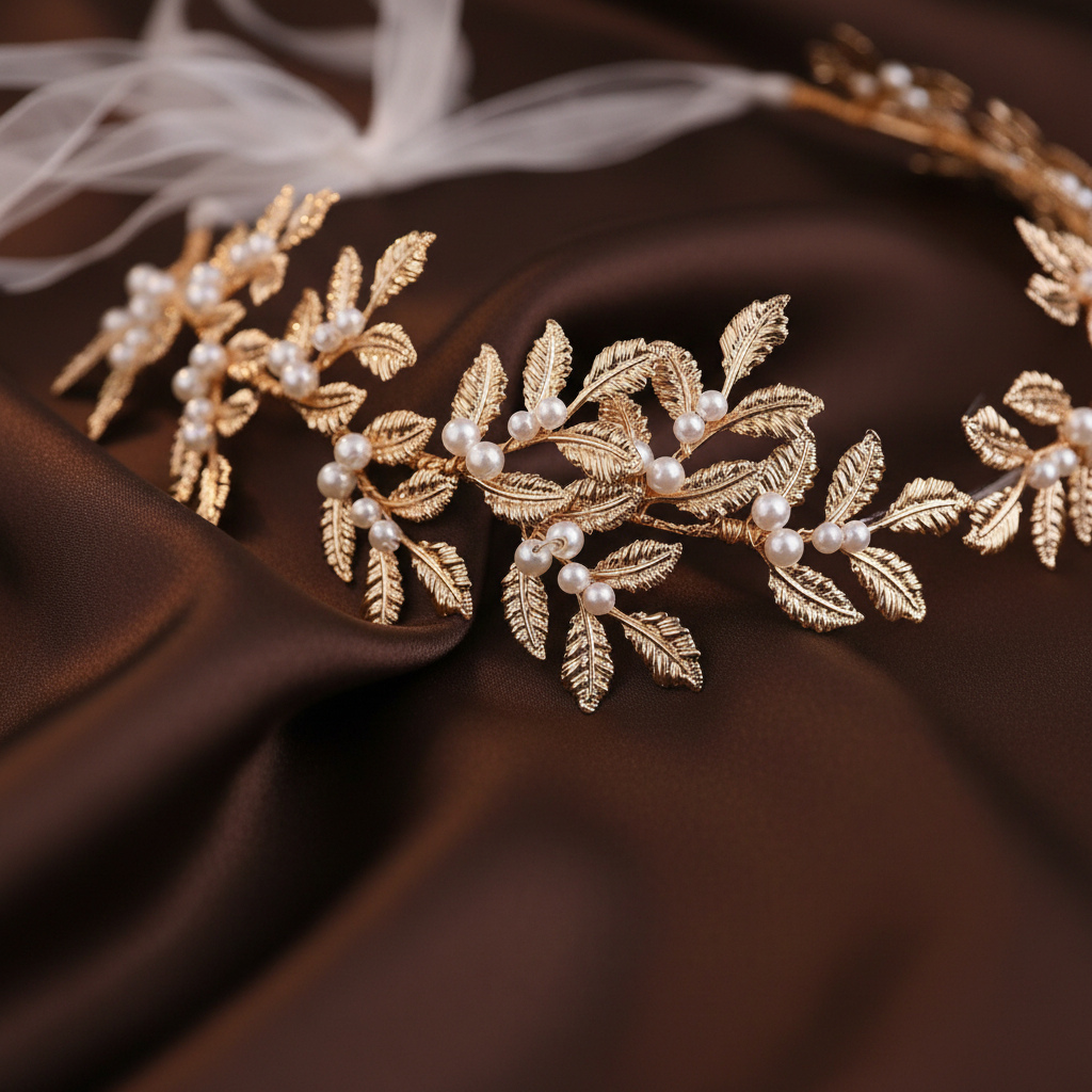 Golden Leaf Pearl Bridal Hair Vine