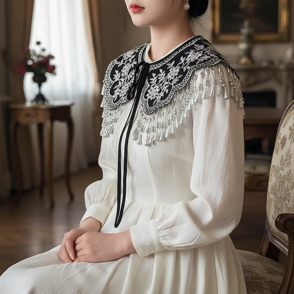 Black Embroidered Floral Detachable Tassel Collar