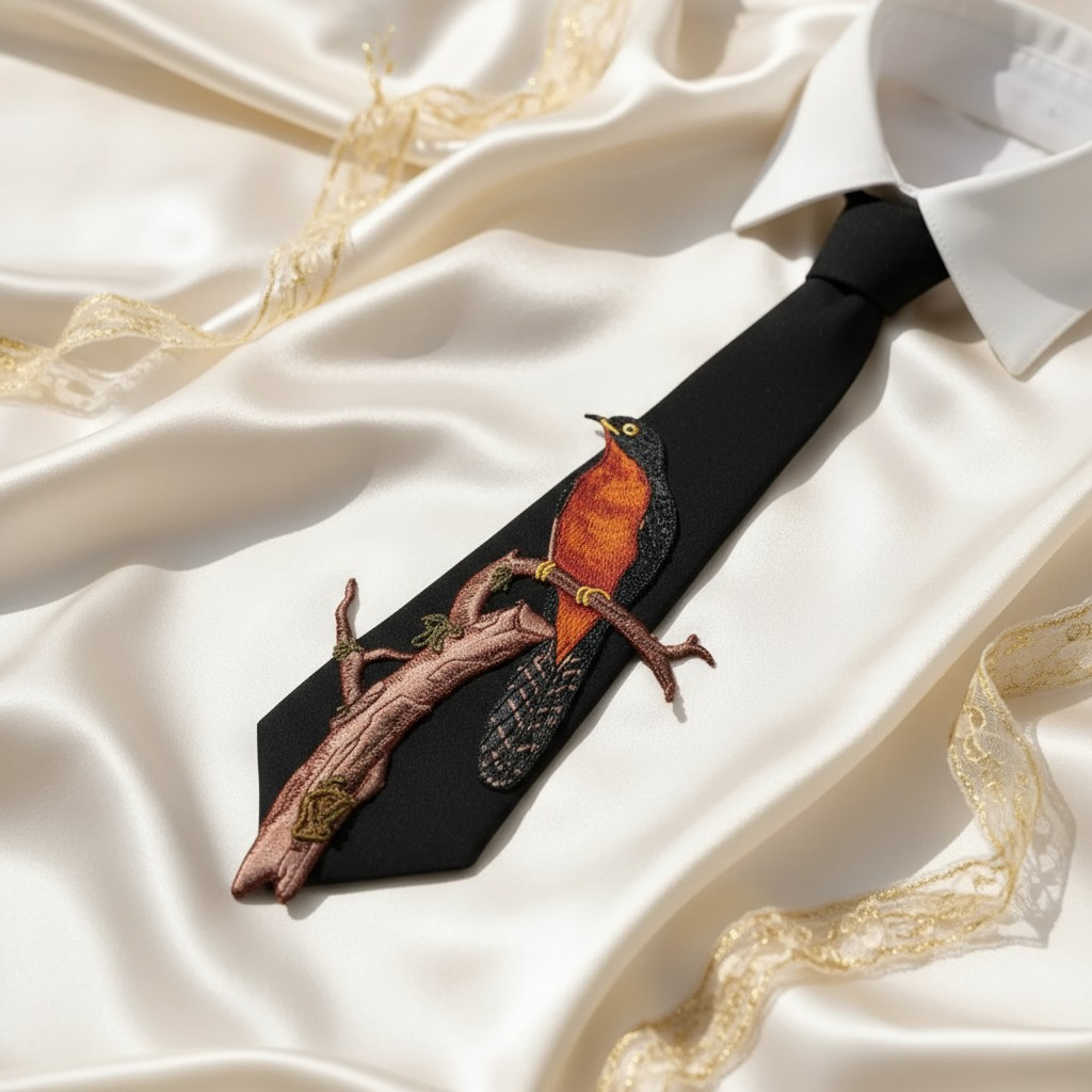Embroidered Bird Branch Necktie