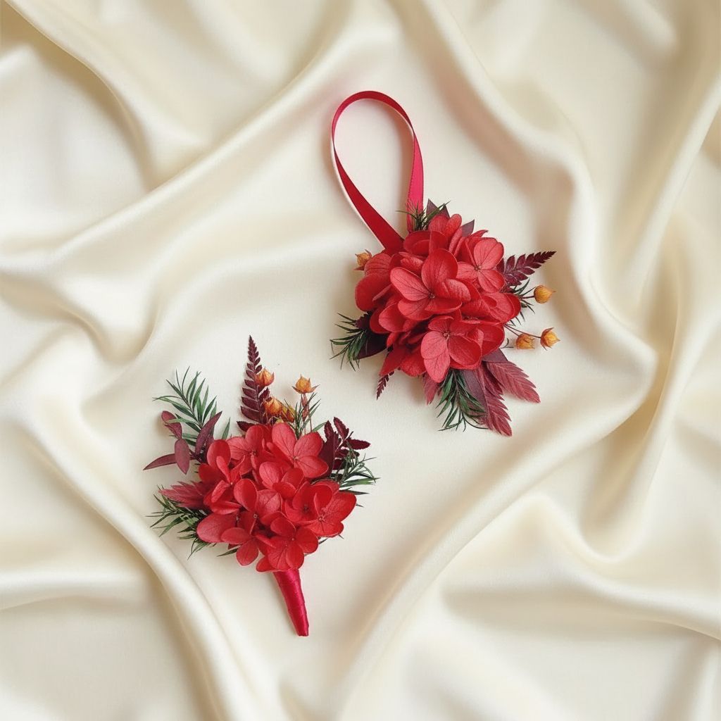 Red Hydrangea Boutonniere & Wrist Corsage