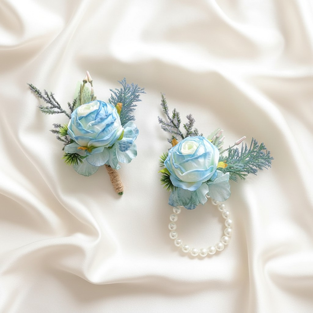 Blue Rose Boutonniere & Wrist Corsage