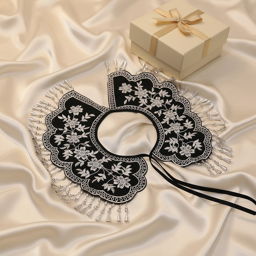 Black Embroidered Floral Detachable Tassel Collar
