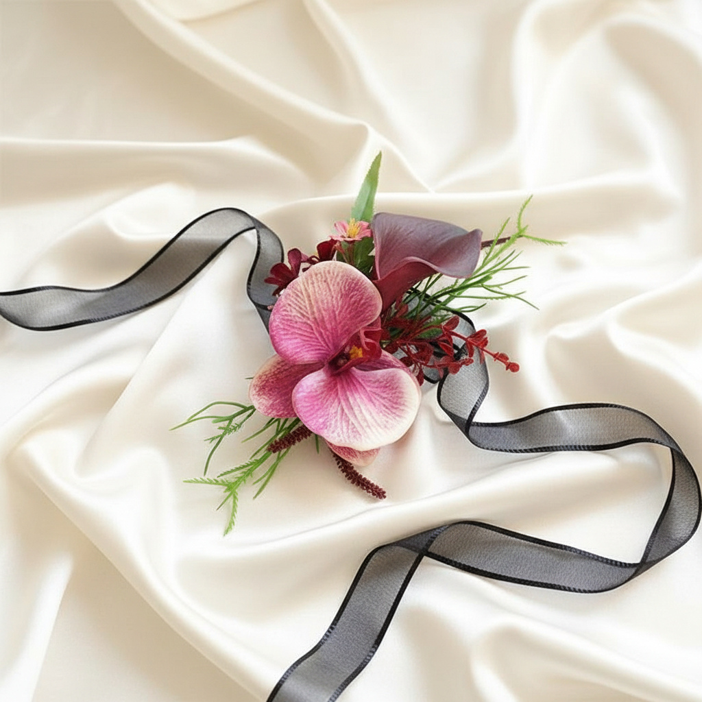 Burgundy Orchid Boutonniere & Wrist Corsage