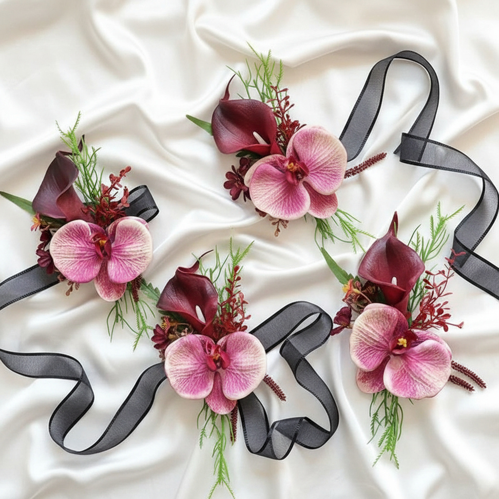 Burgundy Orchid Boutonniere & Wrist Corsage