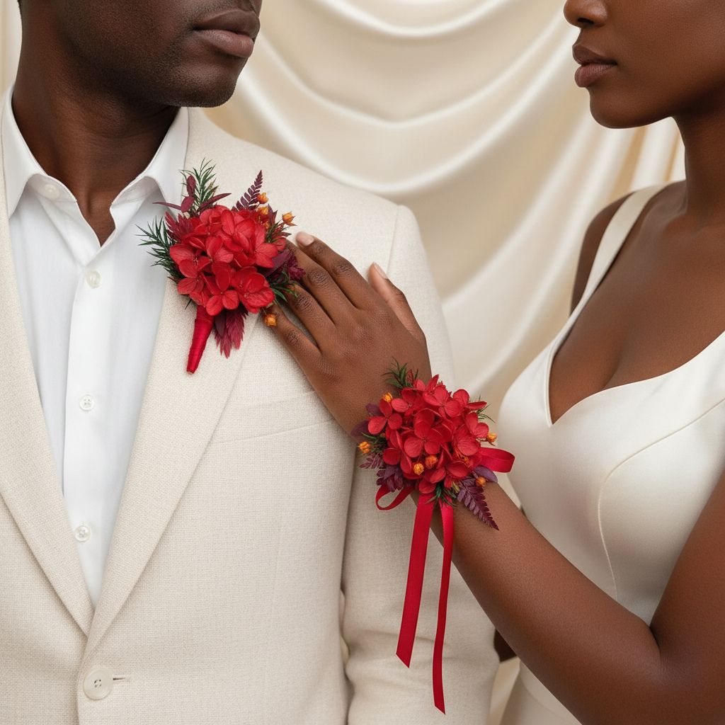 Red Hydrangea Boutonniere & Wrist Corsage