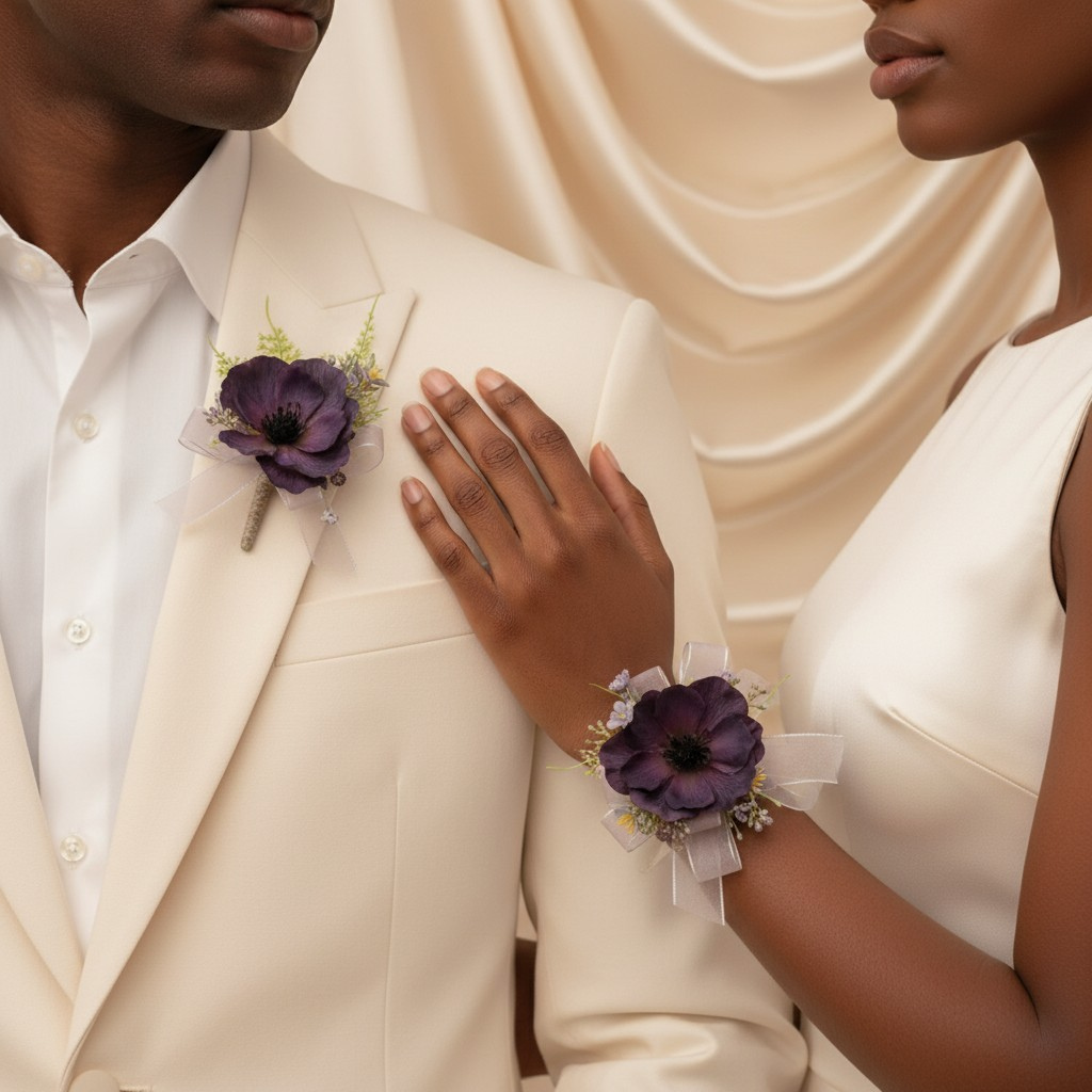 Midnight Pansy Boutonniere & Wrist Corsage
